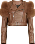 Leather Jacket with Fur Sleeves Detailing
