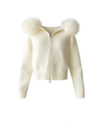 Knitted Zipped Hoodie with Fur Hood - Winter White