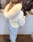 Knitted Zipped Hoodie with Fur Hood - Winter White