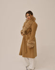 Long Cashmere Coat with Fur Collar & Cuffs - Camel