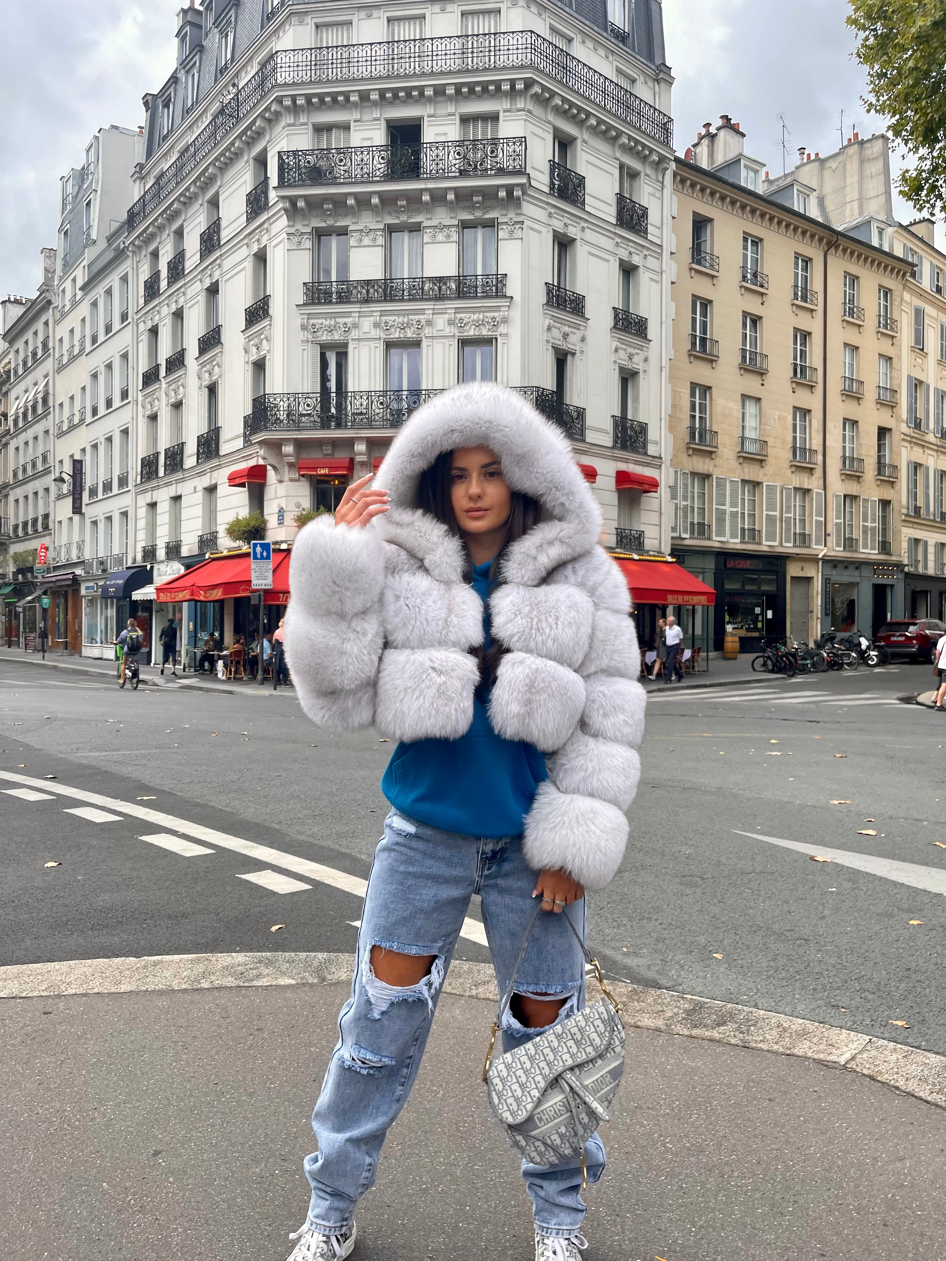 Parka with blue fur hood on sale