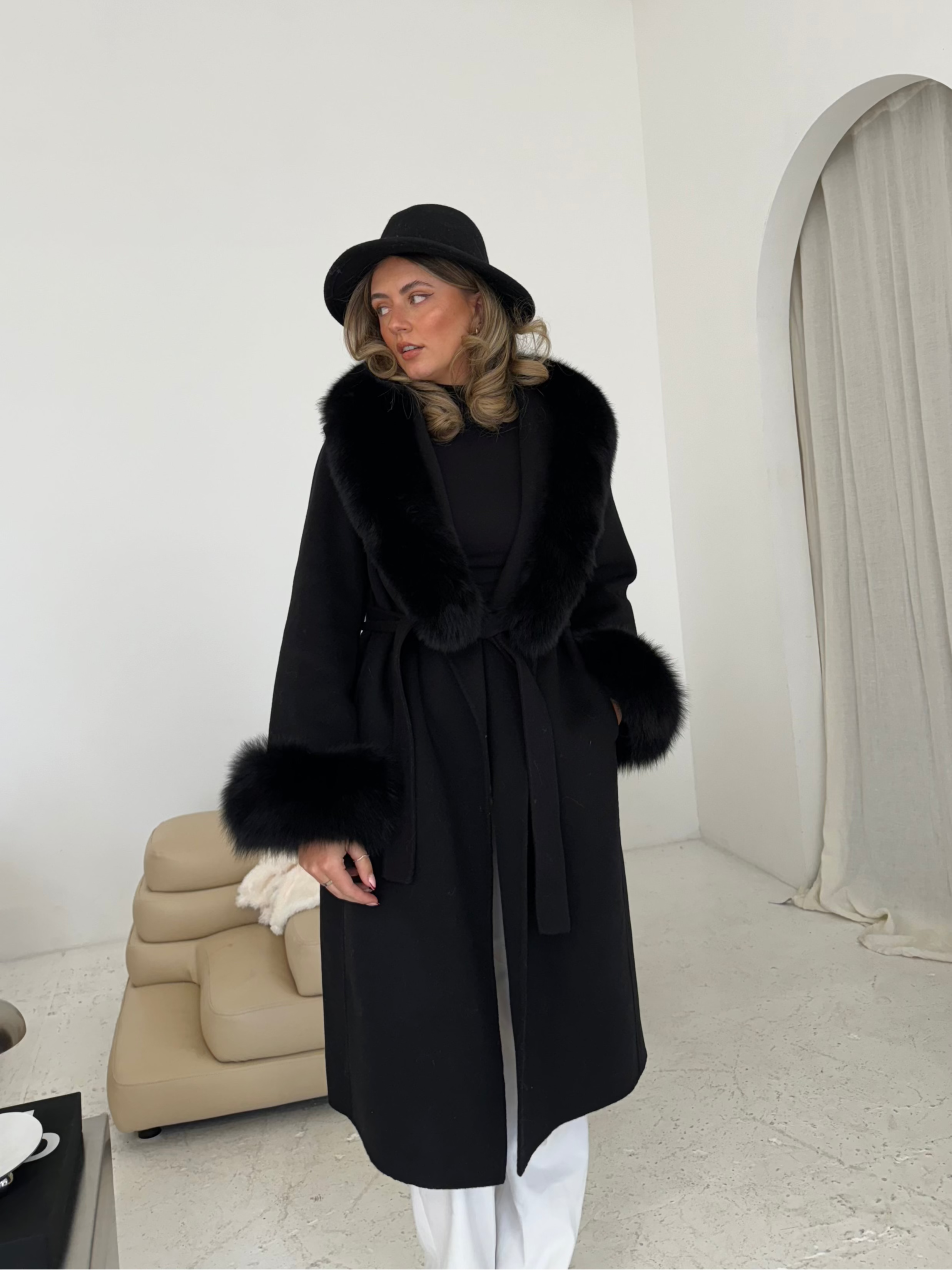 Fur Collar & Cuffs Long Cashmere Coat - Black UK14 | XL | US10
