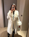 Long Cashmere Coat with Fur Collar & Cuffs - Winter White