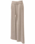 Beige cashmere cable knit wide leg trousers with cable side panels and ribbed waistband – Dolcie London