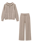 Beige cashmere cable knit hooded set: zip-up hoodie with cable knit raglan sleeves and patch pockets, with matching wide leg trousers – Dolcie London