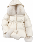 Down Puffer Jacket with Fox Fur Hood & Gloves