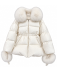 Winter white cropped down puffer jacket with fox fur hood and built-in fox fur trimmed gloves – Dolcie London