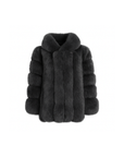 Dark grey hooded straight rows long fox fur coat – front view