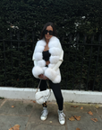 White knitted wool cardigan with detachable fox fur collar and cuffs