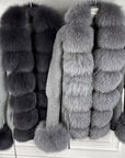 Real fox fur cardigan for women. Fur trimmed knitted cardigan. Luxury natural fox fur cardigan with collar & cuffs. Knitwear with fur. Detachable, removable fur made with a stretchy wool cardigan. Free UK, EU & USA delivery. Fur coat. Women's knitwear. Fur trimmed knitwear cardigan. Real fur coats. Fur coats. Winter coats women's. Fur jackets womenswear. Luxury fur jacket. Premium high quality fur coats. grey fur coat. light grey fur jacket. dark grey real fur coat. dark grey coat