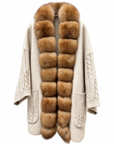 Beige wool blend midi cardigan with detachable fox fur collar, cable knit sleeves and patch pockets – Dolcie London