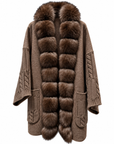 Brown wool blend midi cardigan with detachable fox fur collar, cable knit sleeves and patch pockets – Dolcie London