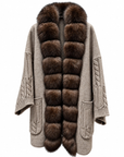 Mocha wool blend midi cardigan with detachable fox fur collar, cable knit sleeves and patch pockets – Dolcie London