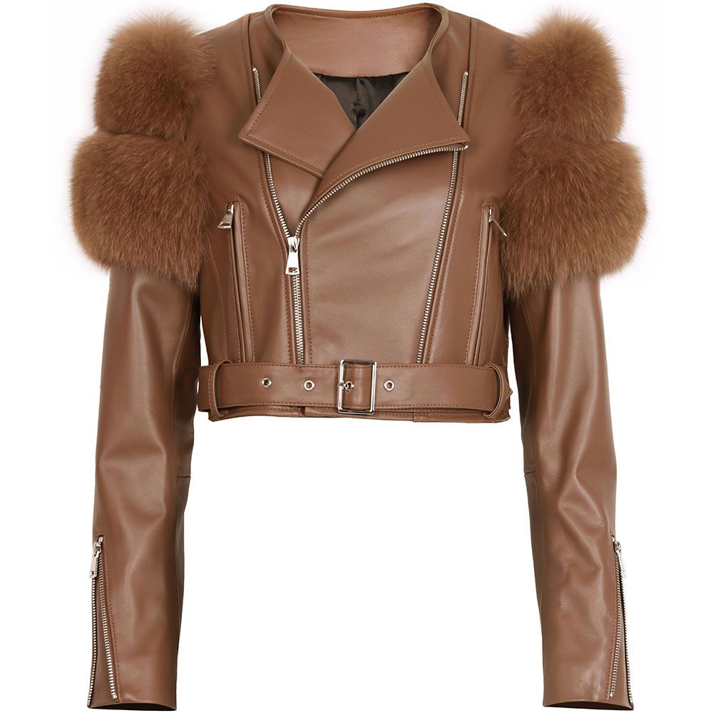 Leather jacket with store fur sleeves