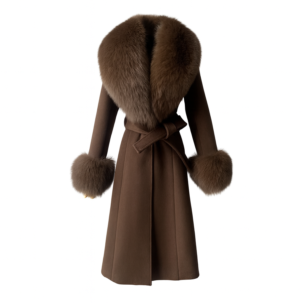 Brown cashmere long coat with fox fur collar and cuffs – front view – Dolcie London