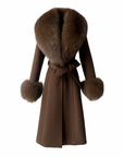 Brown cashmere long coat with fox fur collar and cuffs – front view – Dolcie London