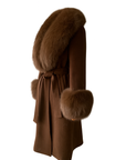 Brown cashmere long coat with fox fur collar and cuffs – side view