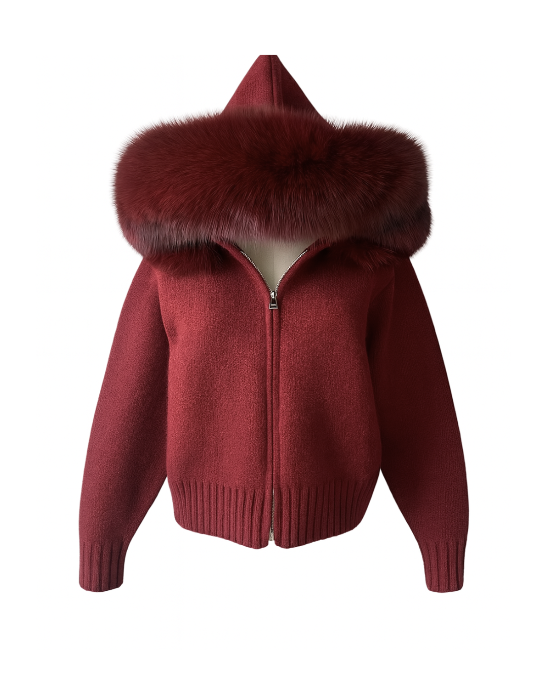 Knitted Zipped Hoodie with Fur Hood