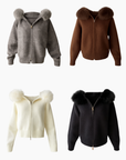 Knitted Zipped Hoodie with Fur Hood - Brown