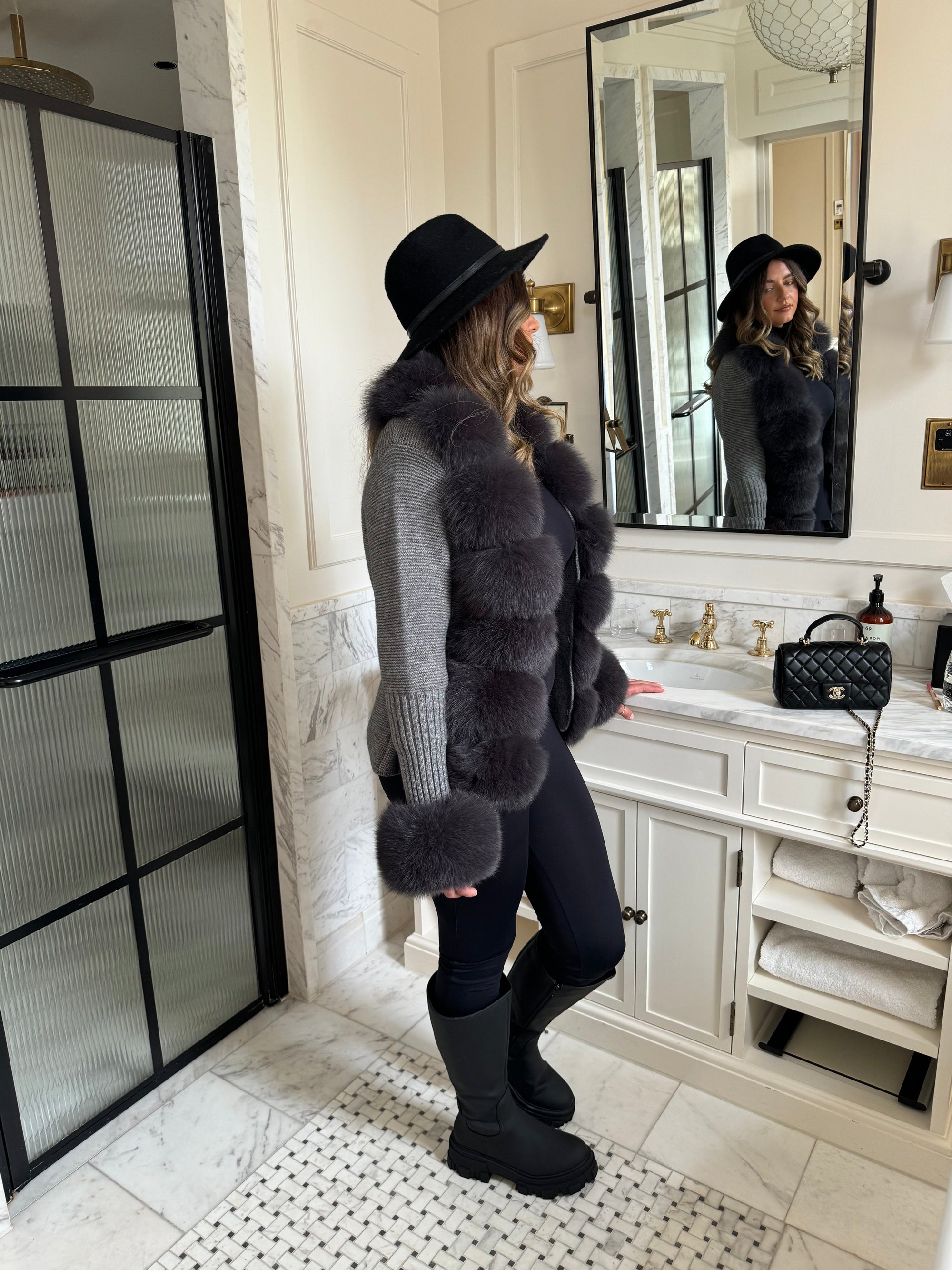 Real fox fur cardigan for women. Fur trimmed knitted cardigan. Luxury natural fox fur cardigan with collar &amp; cuffs. Knitwear with fur. Detachable, removable fur made with a stretchy wool cardigan. Free UK, EU &amp; USA delivery.  Fur coat. Women's knitwear. Fur trimmed knitwear cardigan. Real fur coats. Fur coats. Winter coats women's. Fur jackets womenswear. Luxury fur jacket. Premium high quality fur coats. 