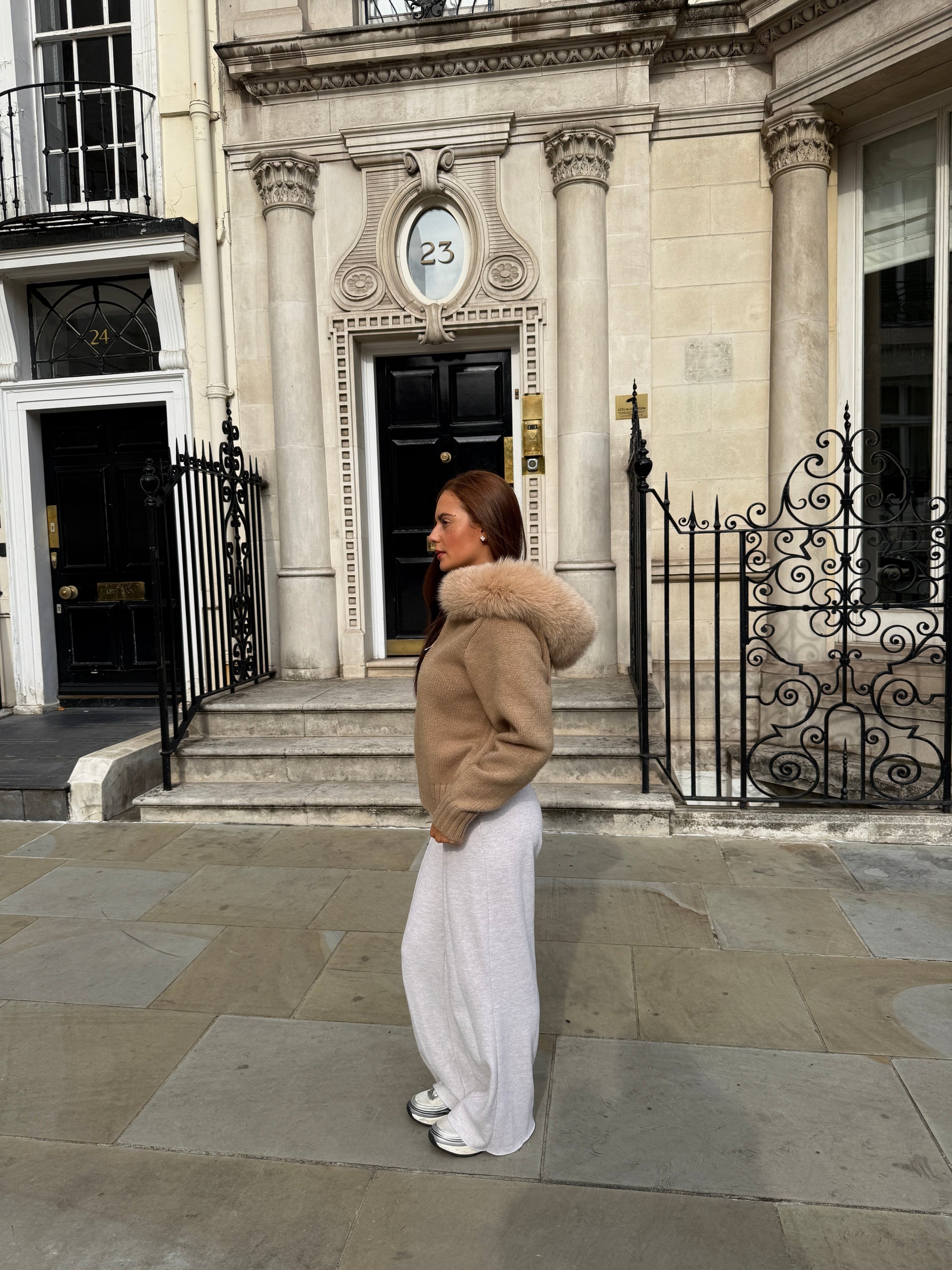 Knitted Zipped Hoodie with Fur Hood