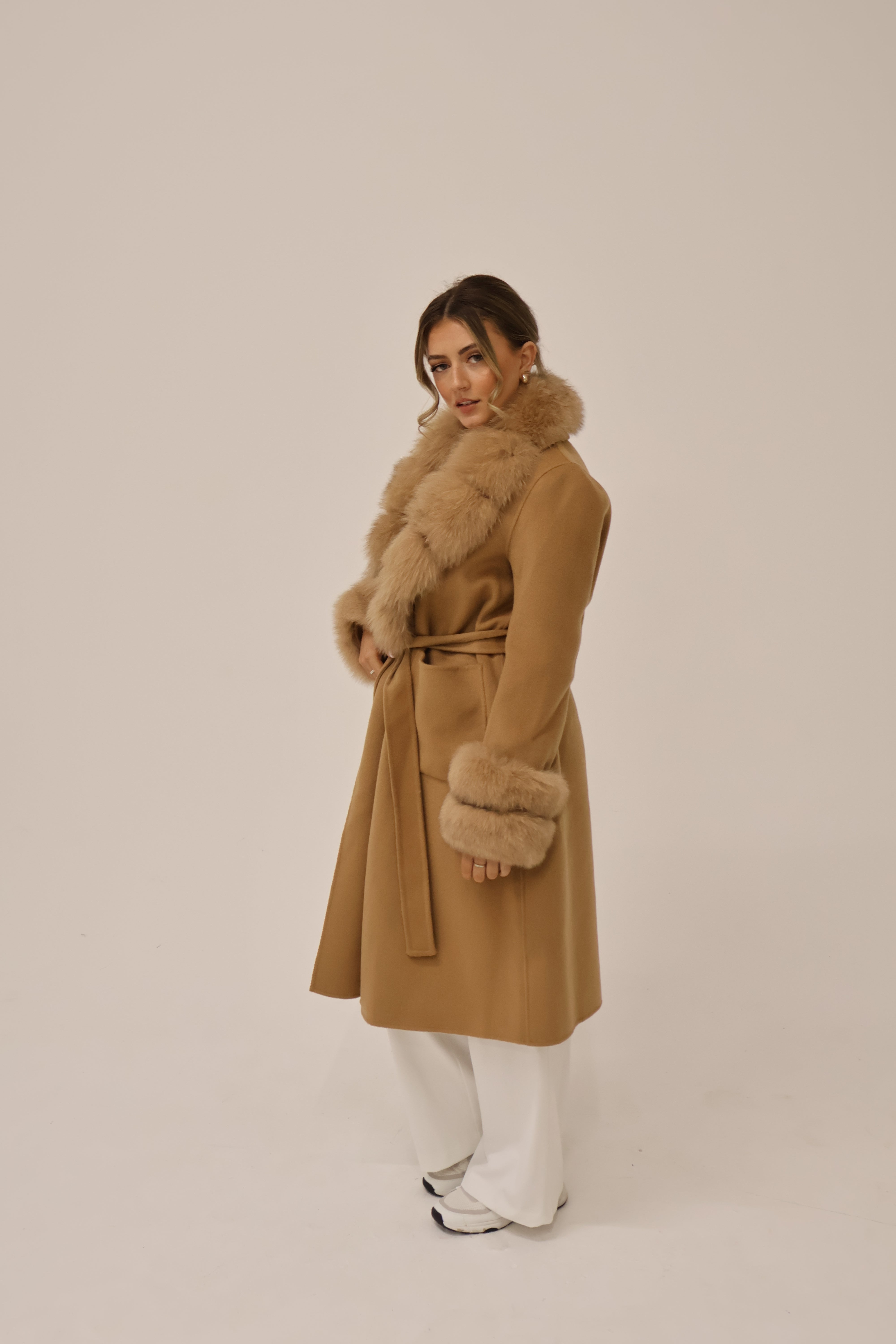 Long Cashmere Coat with Fur Collar &amp; Cuffs