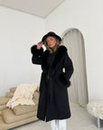 Fur Collar & Cuffs Long Cashmere Coat - Black