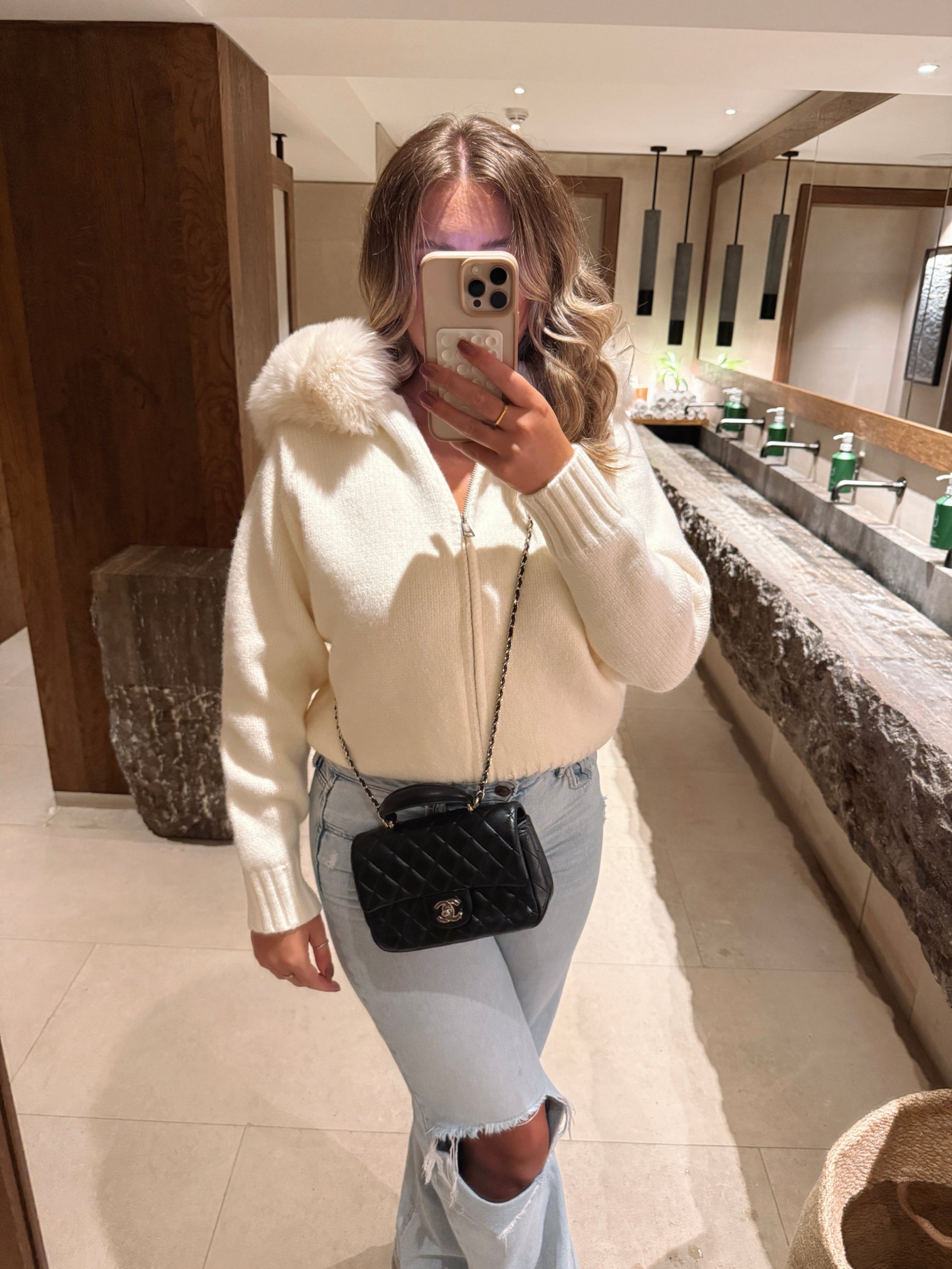 Knitted Zipped Hoodie with Fur Hood