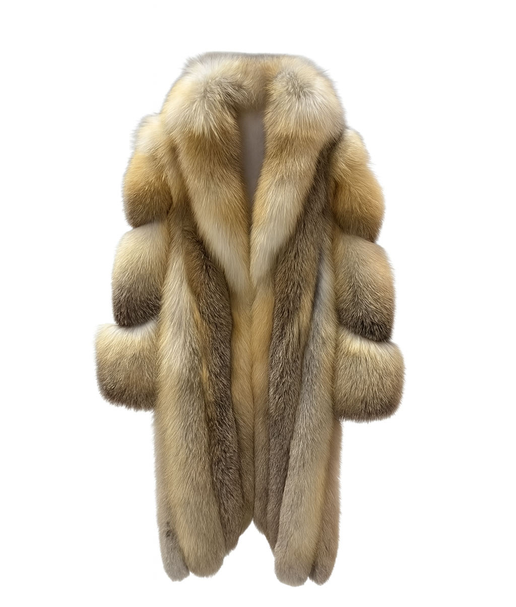 Long golden fox fur coat with oversized collar – front view – Dolcie London