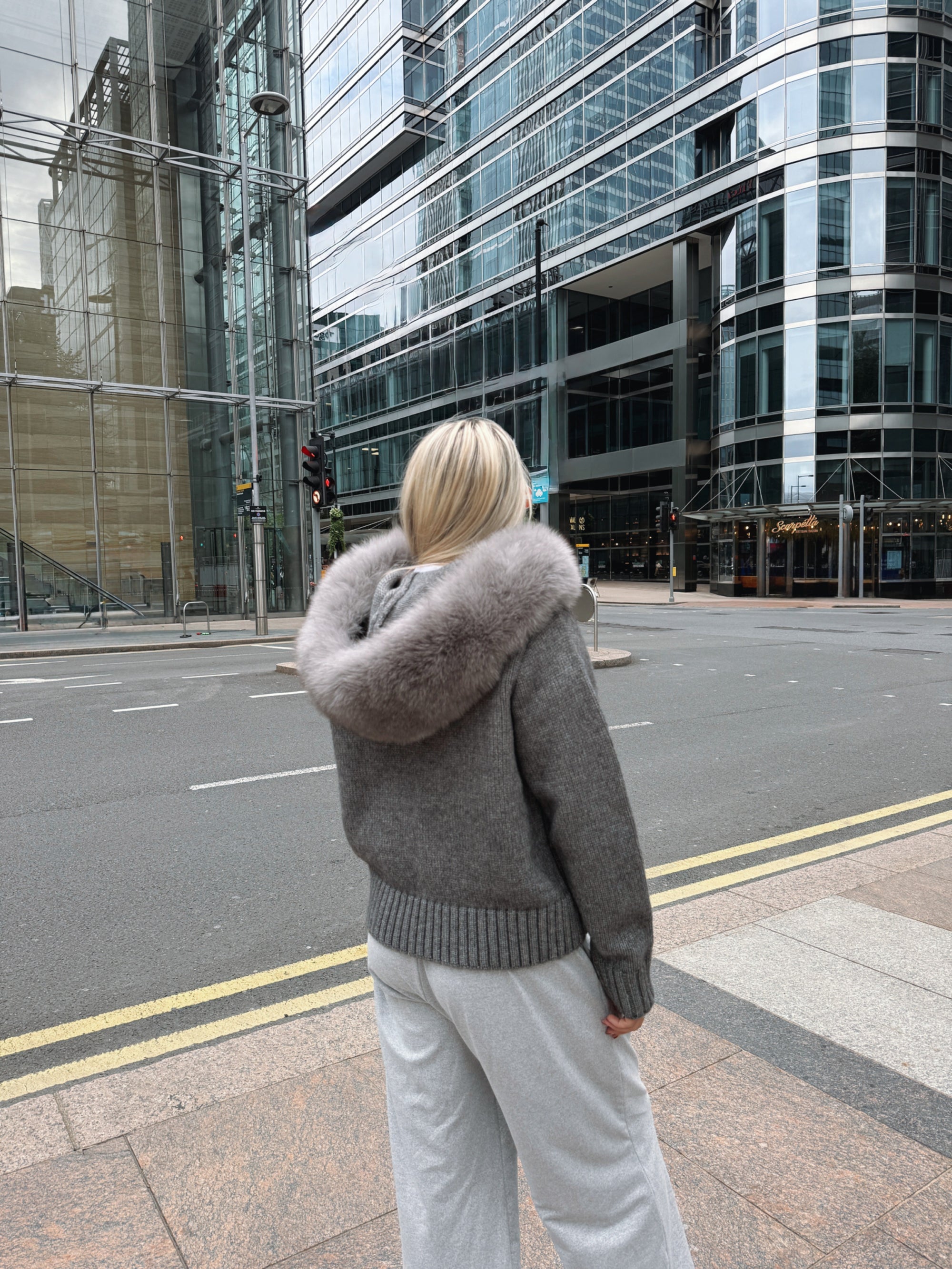 Knitted Zipped Hoodie with Fur Hood