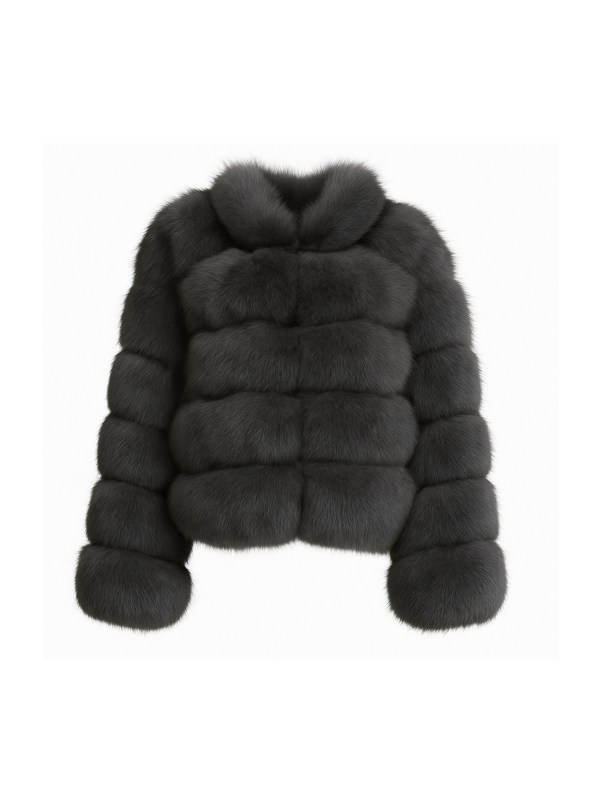 Dark grey bubble fox fur coat with collar – front view