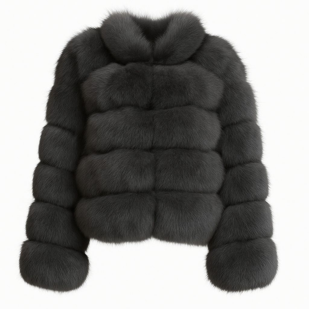 Dark grey bubble fox fur coat with collar – front view