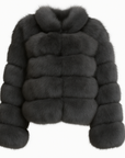 Dark grey bubble fox fur coat with collar – front view