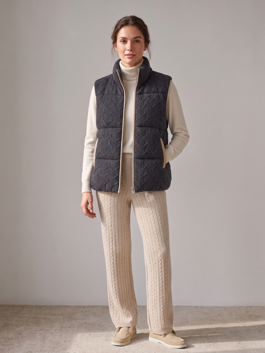 Cashmere Cable Knit Puffer Gilet with Leather Trim