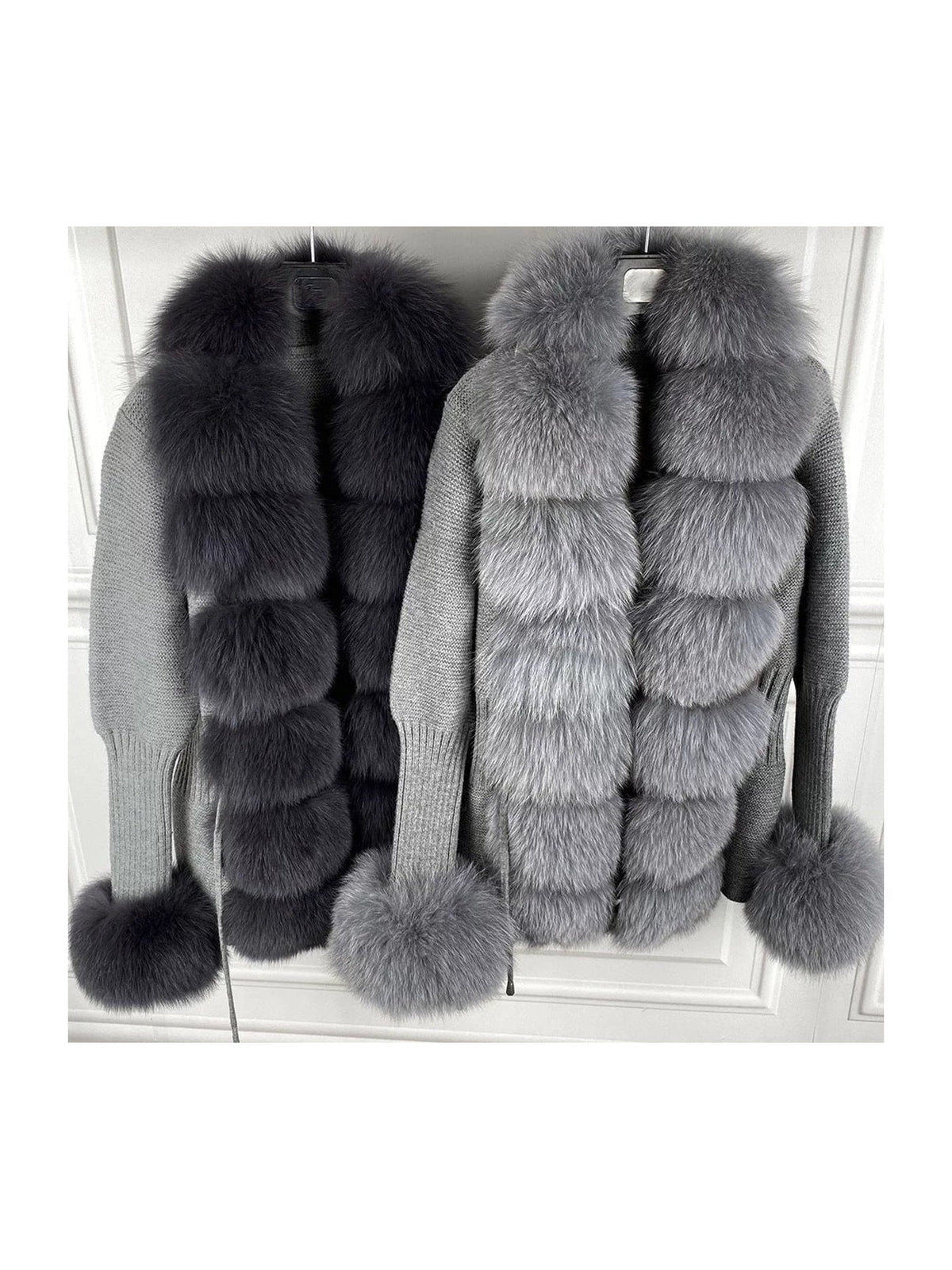 Grey knitted wool cardigan with detachable fox fur collar and cuffs