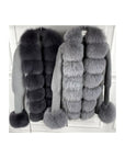 Grey knitted wool cardigan with detachable fox fur collar and cuffs