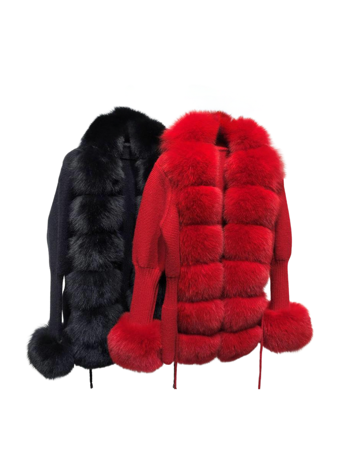 Red knitted wool cardigan with detachable fox fur collar and cuffs
