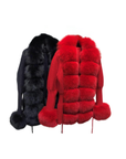 Red knitted wool cardigan with detachable fox fur collar and cuffs