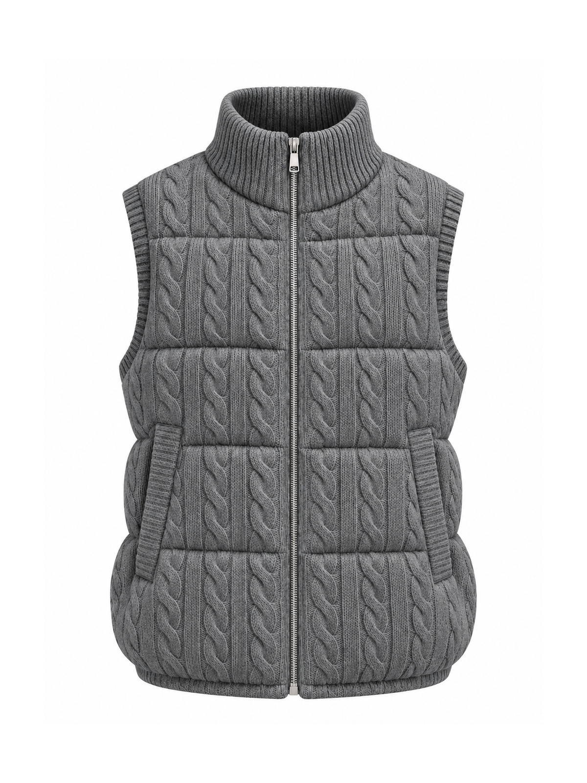 Grey cashmere and wool cable knit down vest with high collar and full zip – Dolcie London