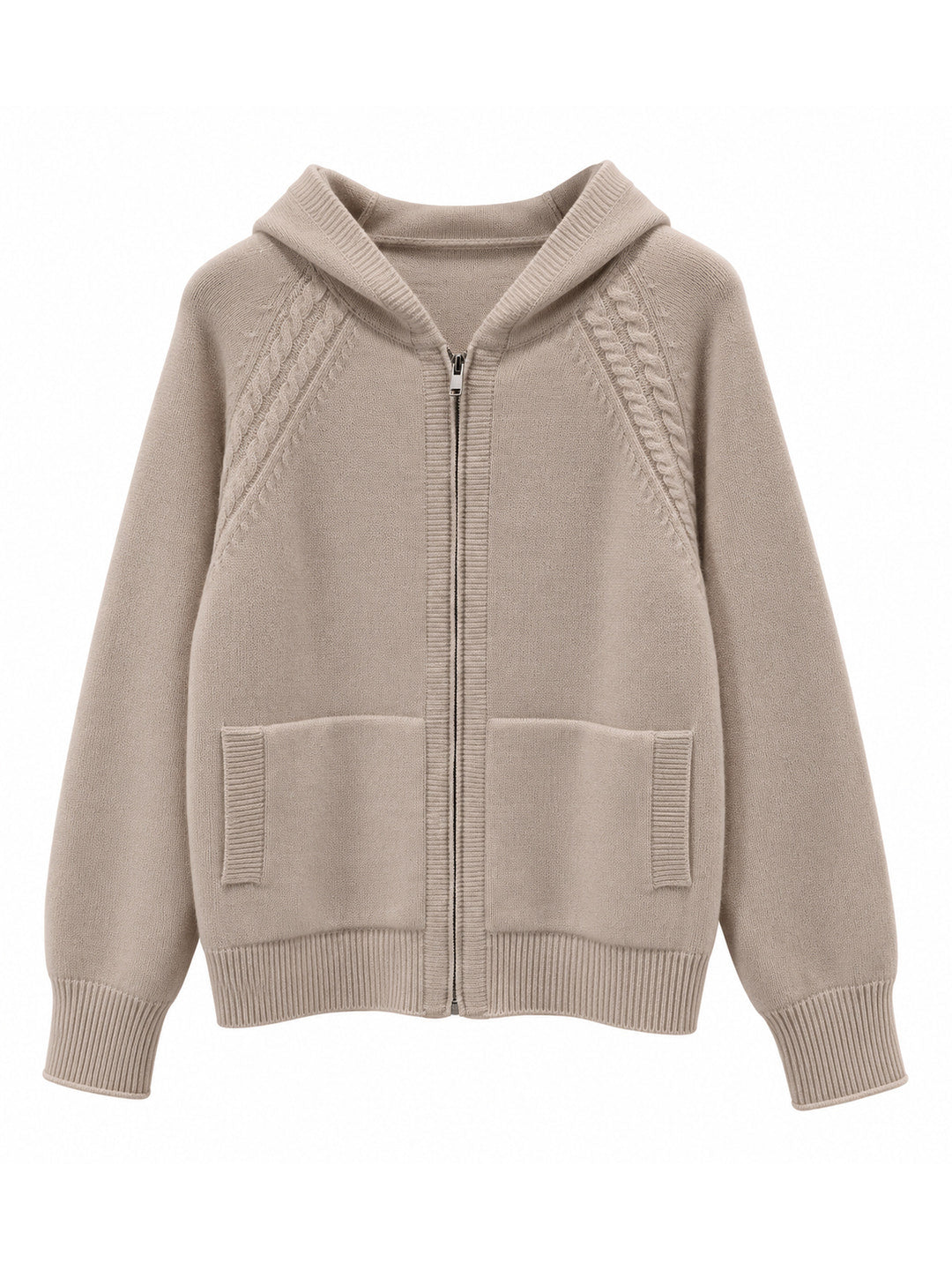 Beige cashmere cable knit zip-up hoodie with cable knit raglan sleeves and patch pockets – Dolcie London