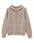 Beige cashmere cable knit zip-up hoodie with cable knit raglan sleeves and patch pockets – Dolcie London