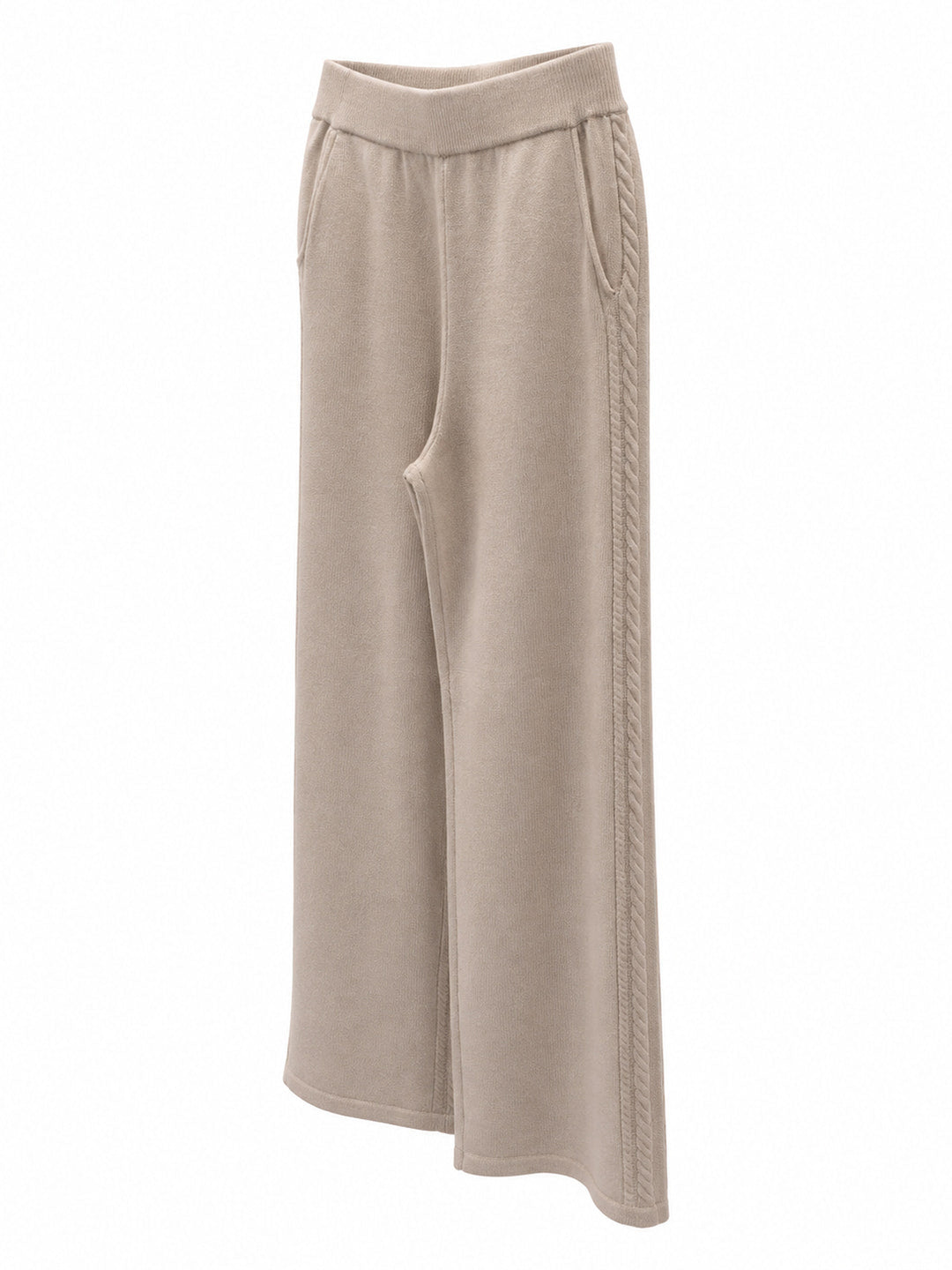 Beige cashmere cable knit wide leg trousers with cable side panels and ribbed waistband – Dolcie London