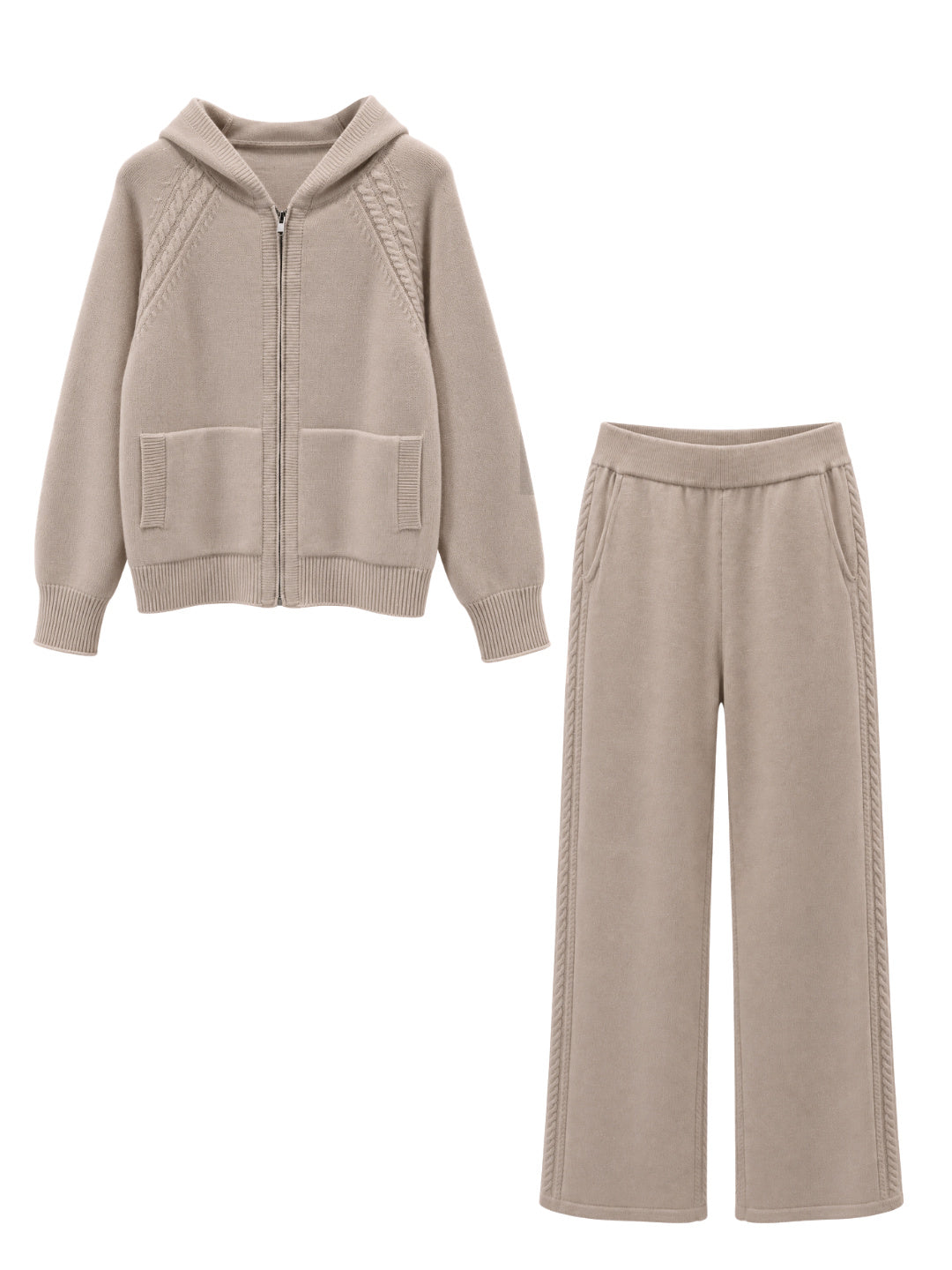 Beige cashmere cable knit hooded set: zip-up hoodie with cable knit raglan sleeves and patch pockets, with matching wide leg trousers – Dolcie London