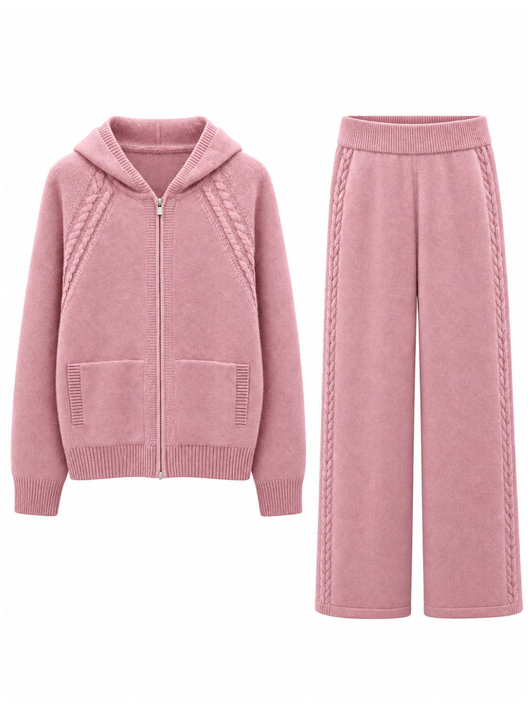 Blush pink cashmere cable knit hooded set: zip-up hoodie with cable knit raglan sleeves and patch pockets, with matching wide leg trousers – Dolcie London