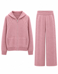 Blush pink cashmere cable knit hooded set: zip-up hoodie with cable knit raglan sleeves and patch pockets, with matching wide leg trousers – Dolcie London