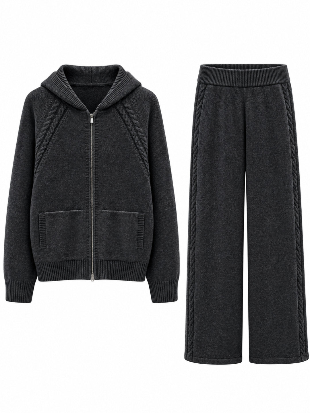 Dark grey cashmere cable knit hooded set: zip-up hoodie with cable knit raglan sleeves and patch pockets, with matching wide leg trousers – Dolcie London