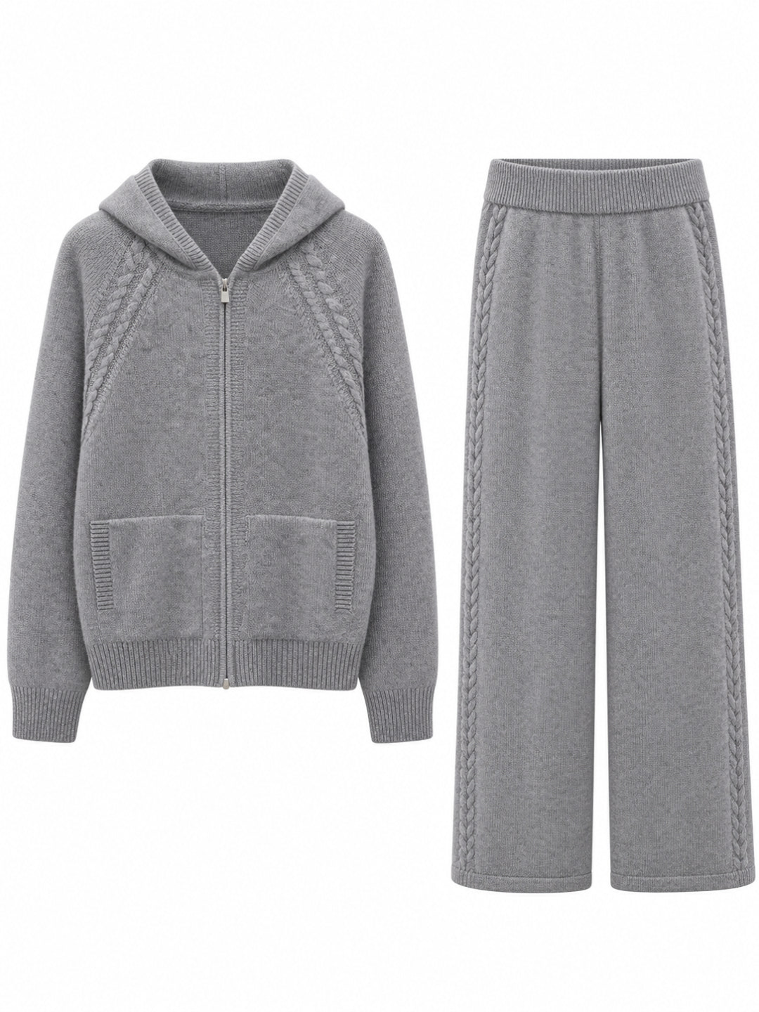 Grey cashmere cable knit hooded set: zip-up hoodie with cable knit raglan sleeves and patch pockets, with matching wide leg trousers – Dolcie London
