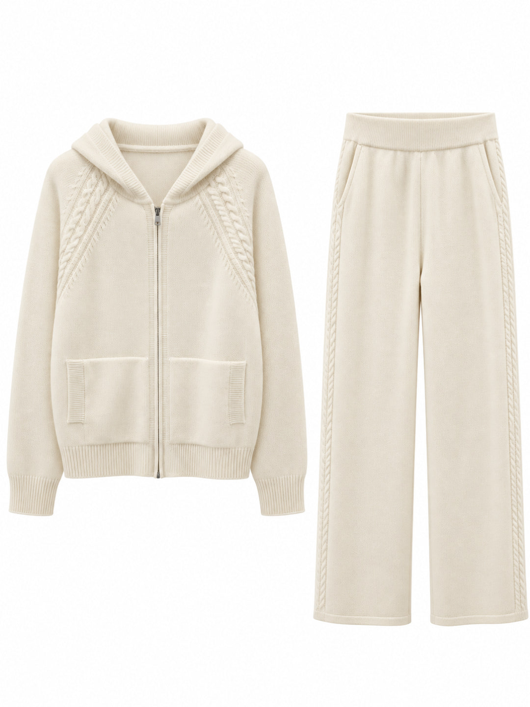 Ivory cashmere cable knit hooded set: zip-up hoodie with cable knit raglan sleeves and patch pockets, with matching wide leg trousers – Dolcie London