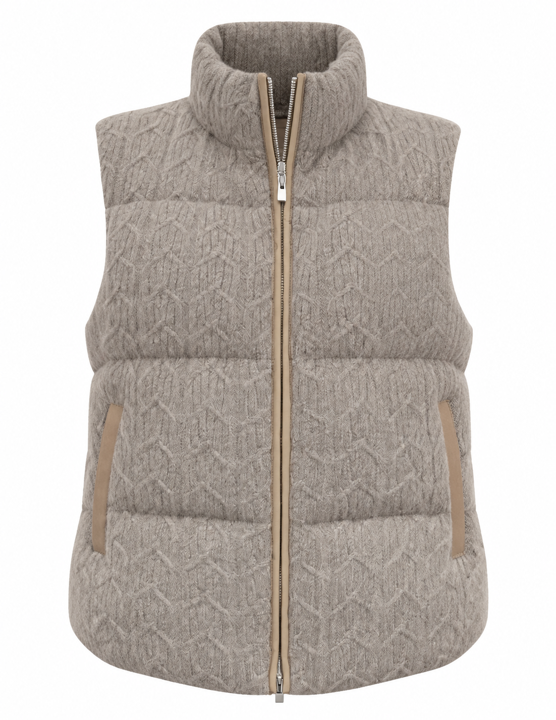 Beige cashmere cable knit puffer gilet with leather trim zip and pockets – Dolcie London