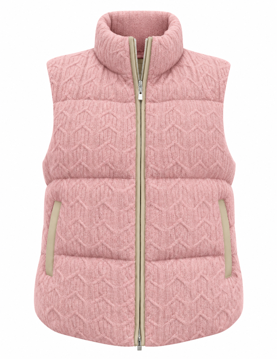 Blush pink cashmere cable knit puffer gilet with leather trim zip and pockets – Dolcie London